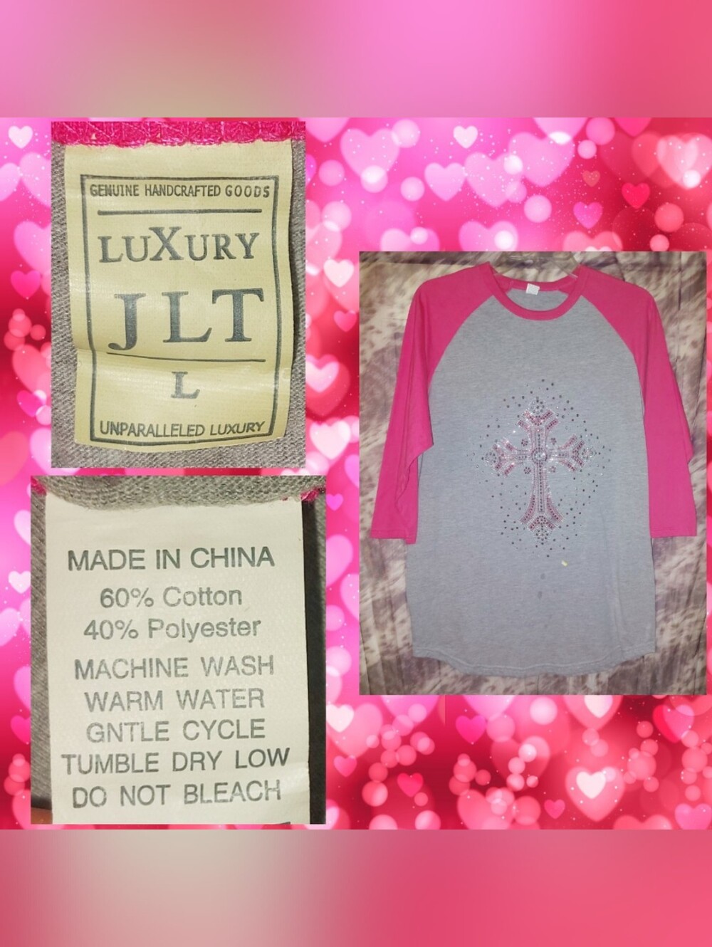 Luxury JLT Hot Pink/Gray Colorblock Raglan Knit Shirt w/Silver Studded Cross Lrg